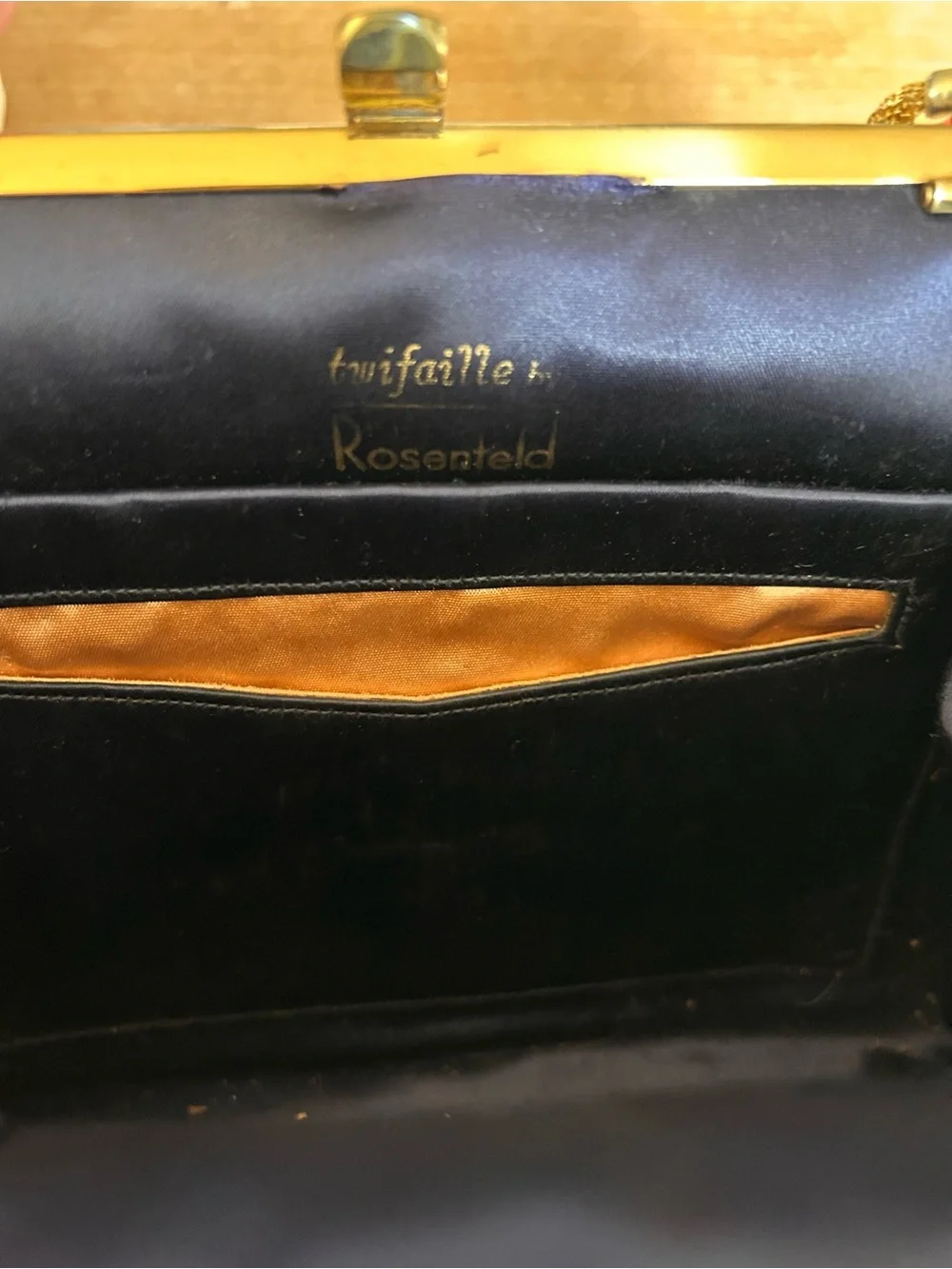 Vintage Twifaille by Rosenfeld Navy Satin Evening Clutch with Gold Chain Handle